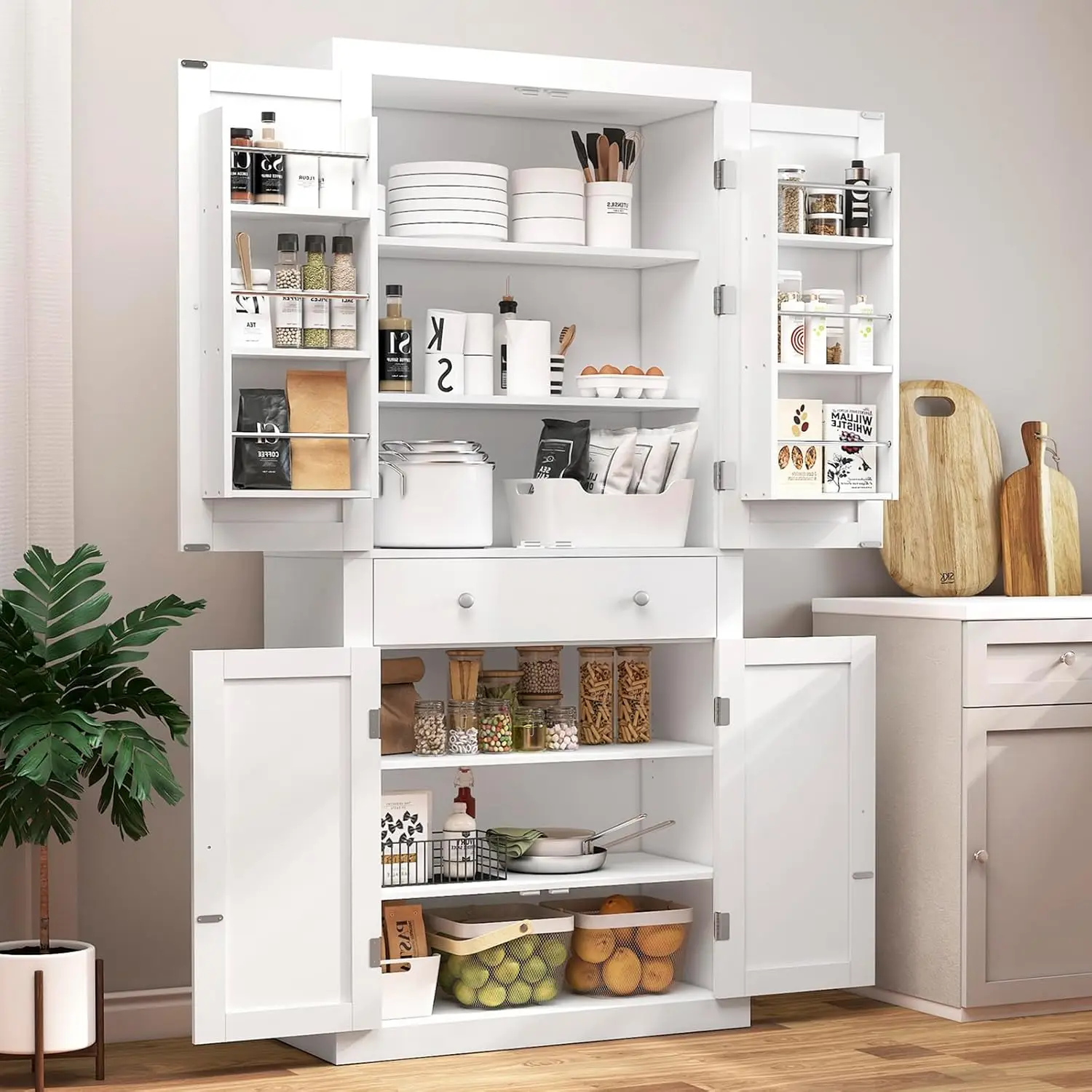 Usikey 72” Kitchen Pantry Cabinet, Tall Storage Cabinet With 4 Doors And 1 Drawer, Kitchen Cabinet, Cupboard With 6 Hanging