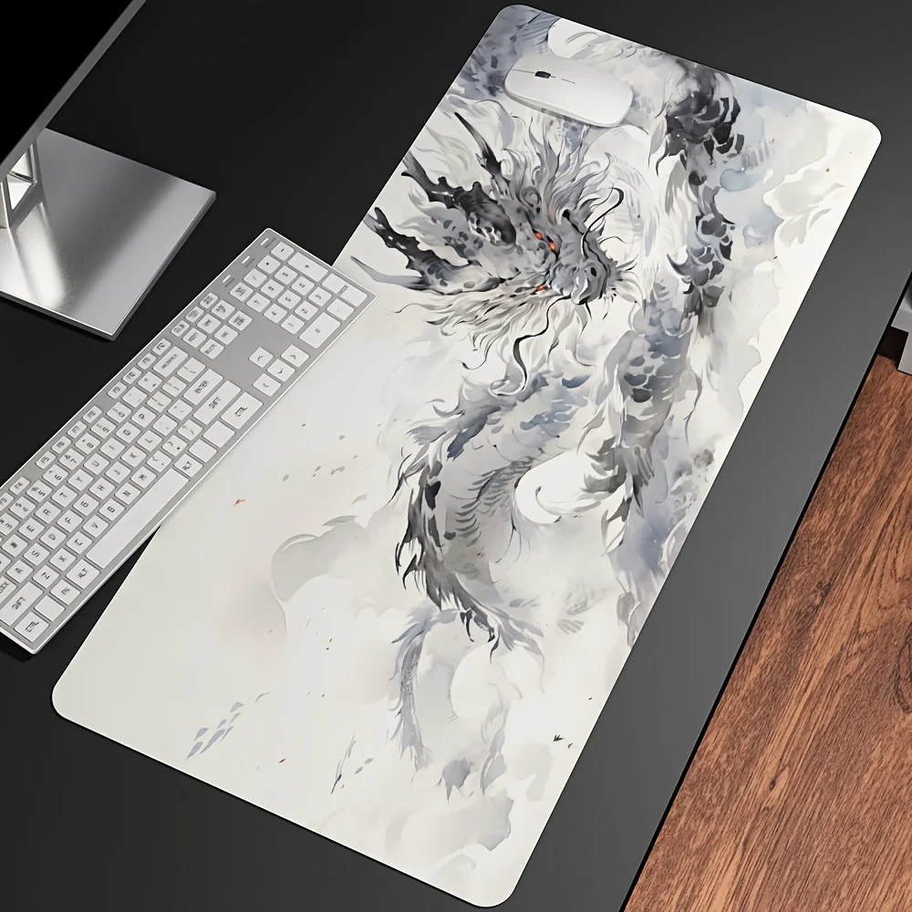 Dragon Gaming Mouse Pad Black And White Abstract Non-Slip Rubber Bottom Stitched Borders Desk Mat for Home And Office Use