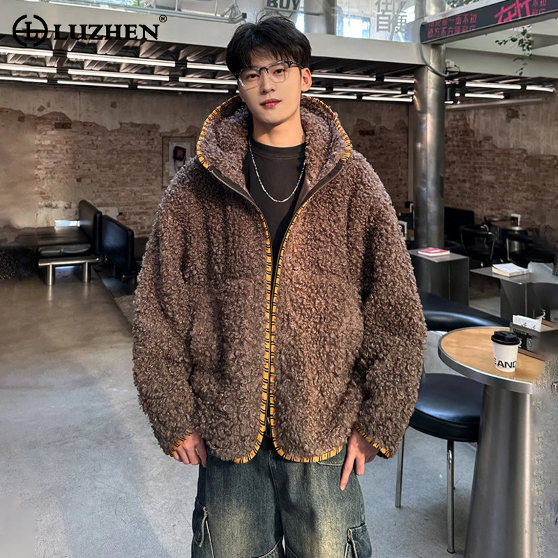 

LUZHEN 2025 Winter New Stylish High Quality Lamb Wool Hooded Coat Men's Solid Color Handsome Loose Casual Male Clothes JY5598