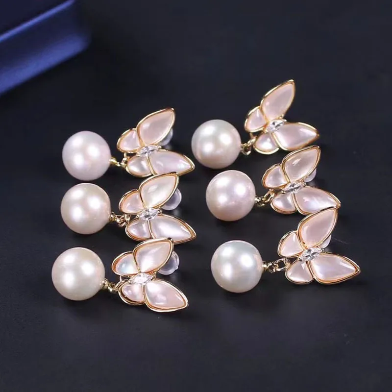 Natural MOP Butterfly Pearl Drop Earrings for Women Korean Jewelry 2023 Trending Fairy Luxury Gold Plated Women's Earrings New