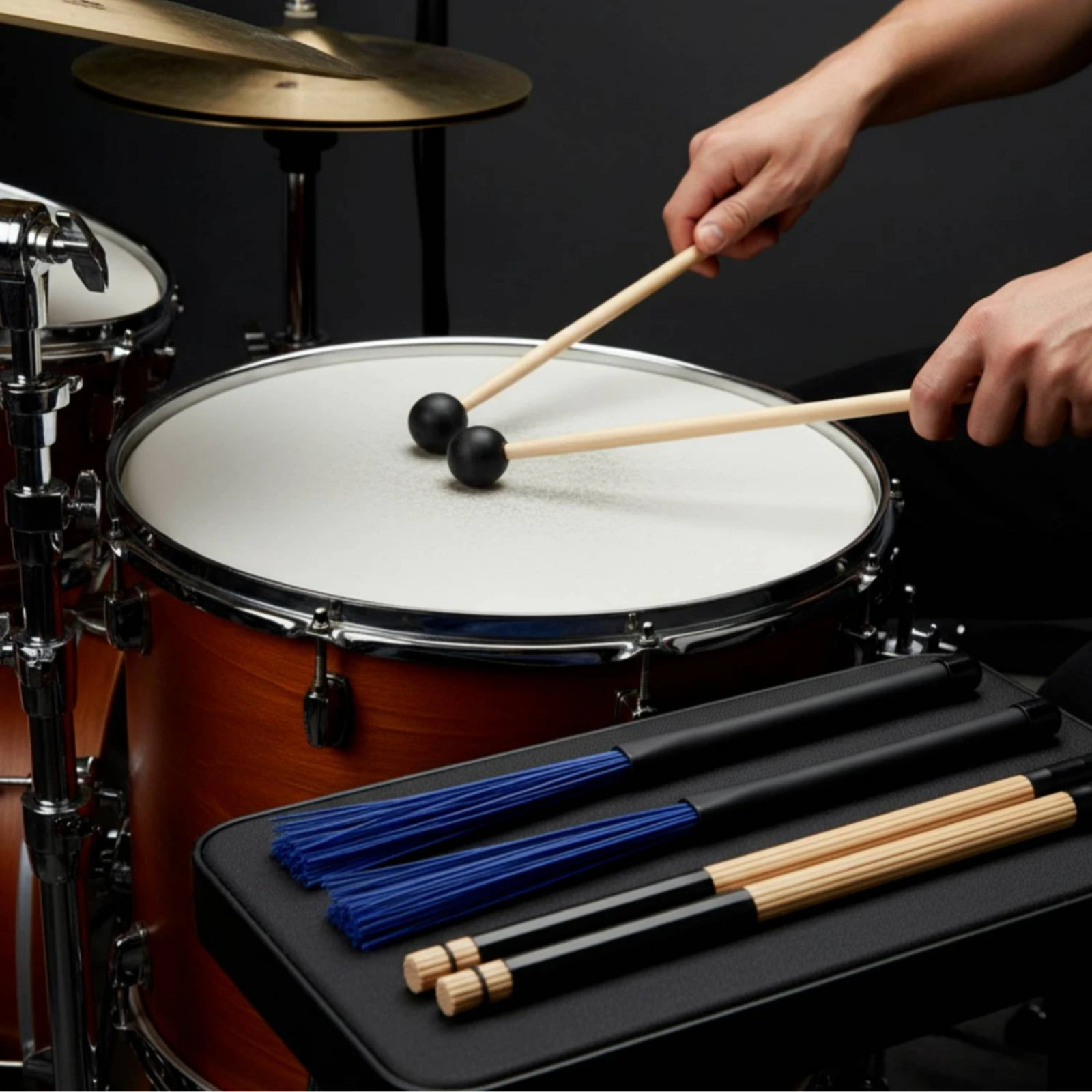 8 Pieces Drumsticks and Brushes Set Bamboo Drum Brushes with Nylon Wire Percussion Stick Kit Long-Lasting Percussion Accessories