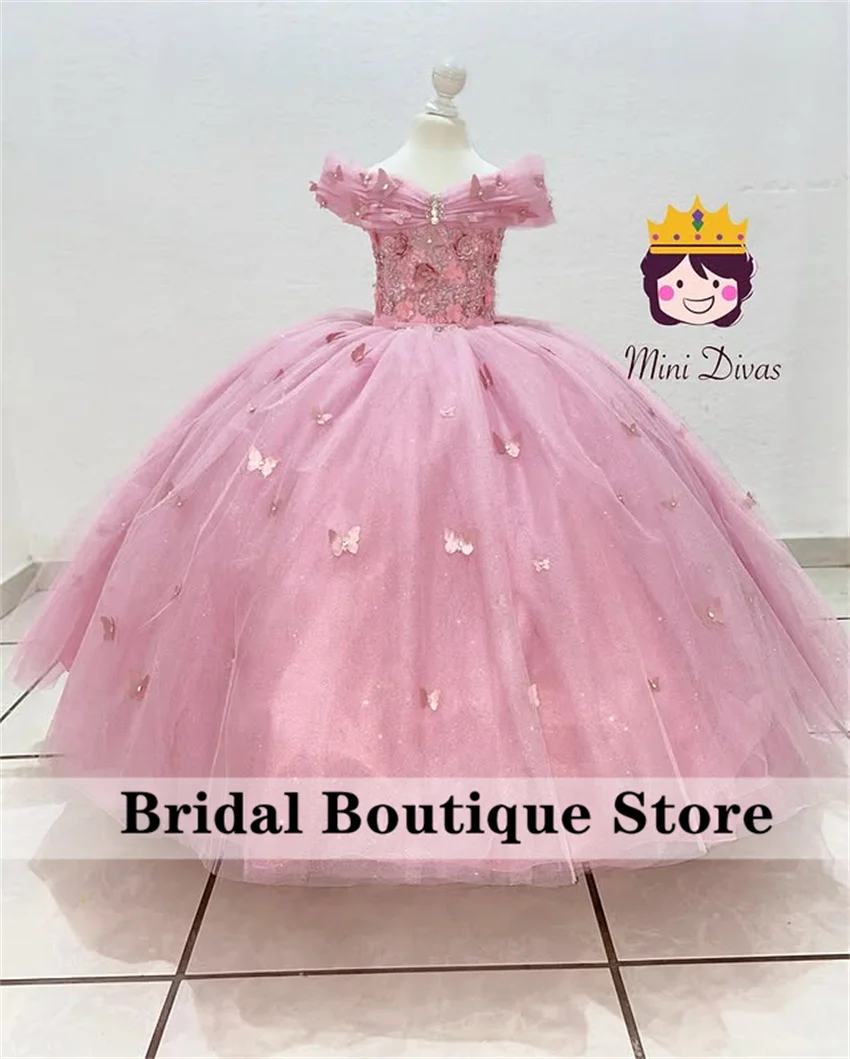 

Princess Pink Flower Girls Dresses Applique Butterfly Dimoands Beads Pageant Dresses Child Girls Birthday Party Gown Customized