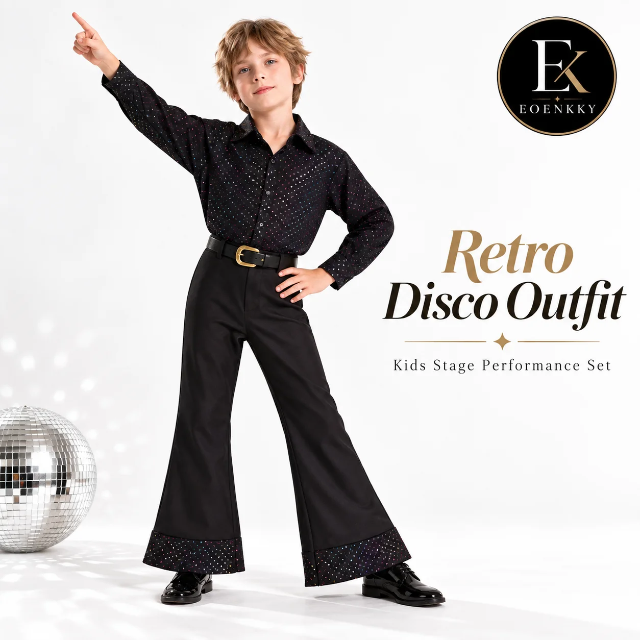 EOENKKY Kinder Retro Disco Outfit Bühnen-Performance-Set 3-teilig Glitzerhemd Schlaghose Gürtel Kostüm