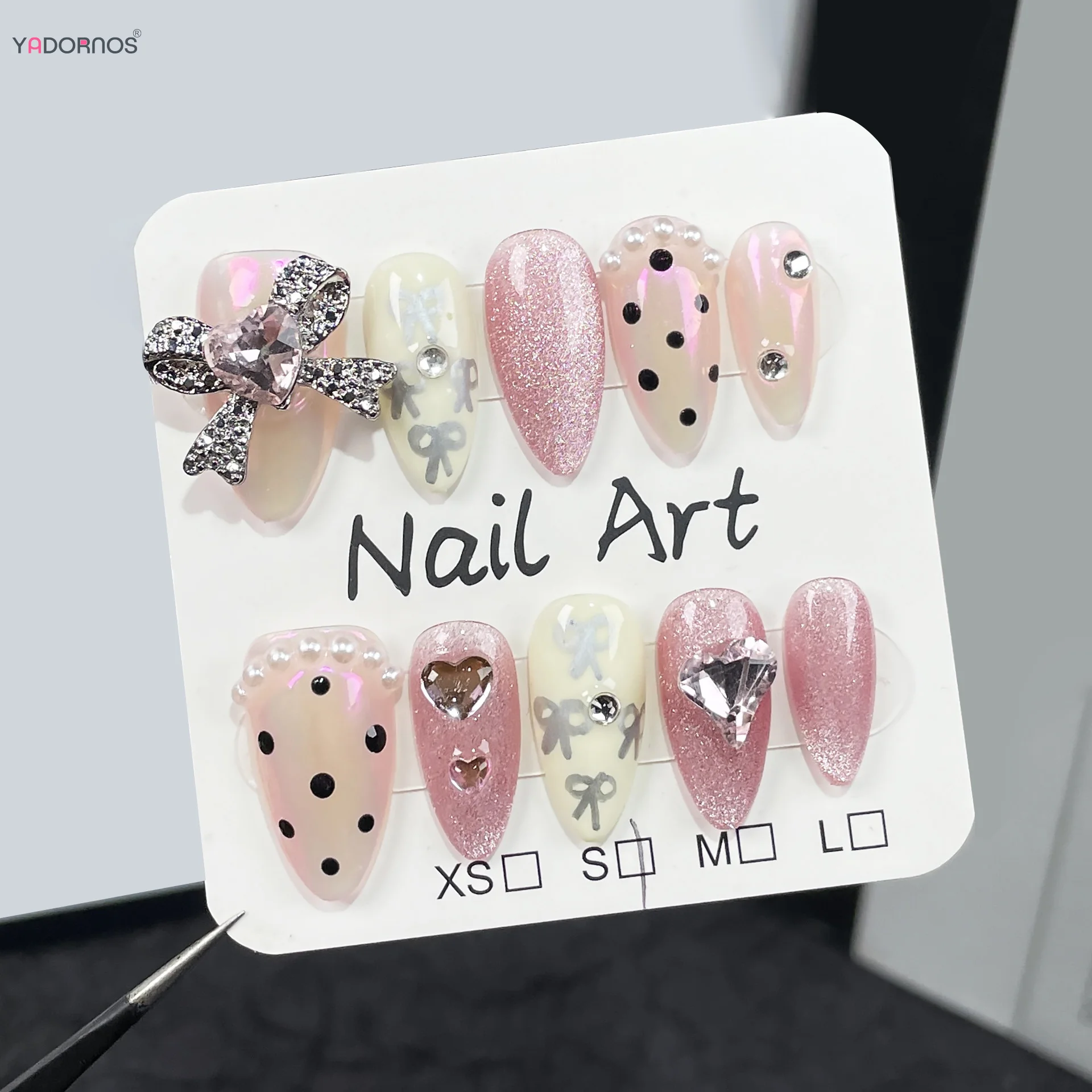 10 stücke rosa handgemachte Presse auf Nägeln Mandel Aurora falsche Nagel Patch Liebe Bowknot Strass Design koreanischen Stil tragbare Maniküre