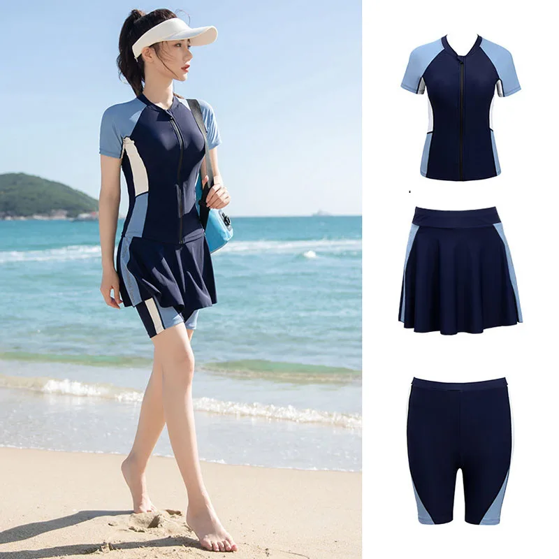 Women Three Piece Rash Guard Short Sleeve Swimsuits Sets UV UPF 50+ Cropped Swim Shirt with Boyshort Skirt Bottom Bathing Suits