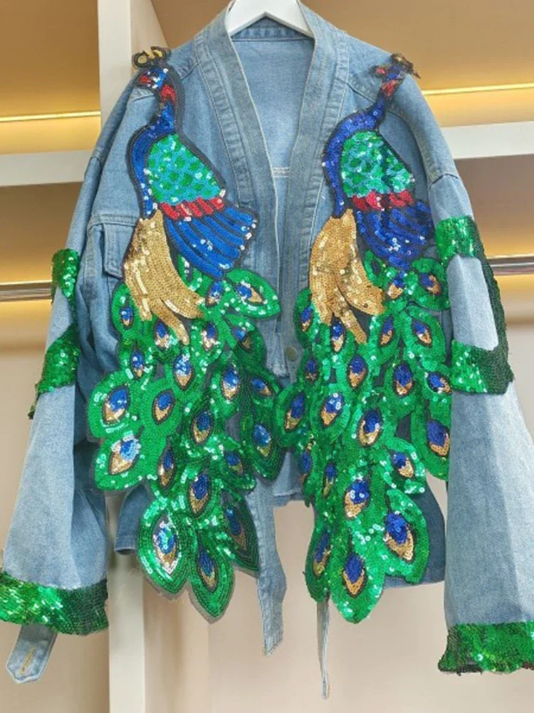 Fashionable V-neck Peacock Sequin Jeans Coat Women's Chic High Street Short Denim Jackets Top 2024 Spring Summer 16U9003