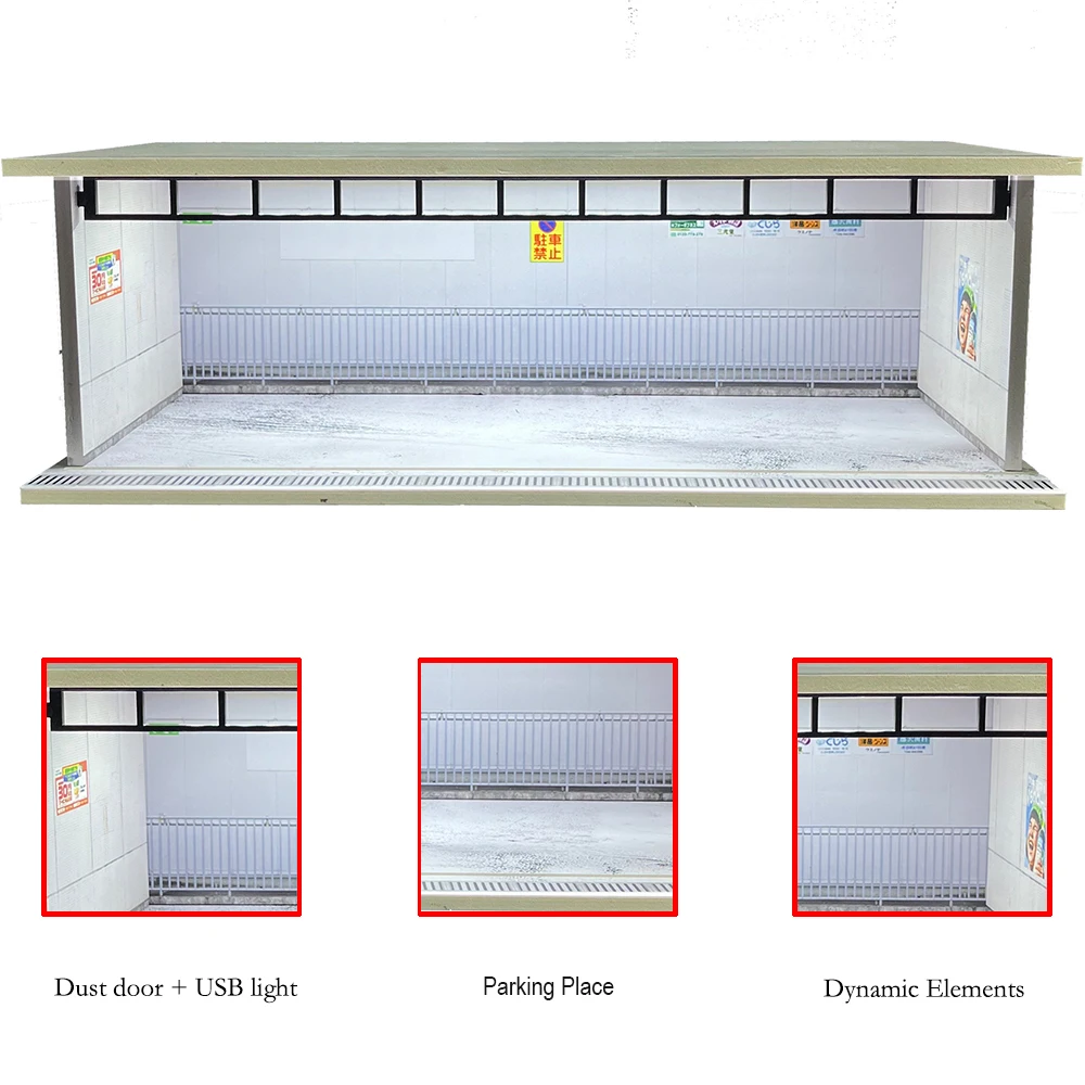 Auto-Garage-Diorama im Maßstab 1:64, mit USB-LED-Licht, realistische Parkplatz-Vitrine für Modellautos und Miniaturfahrzeuge – Detail 21