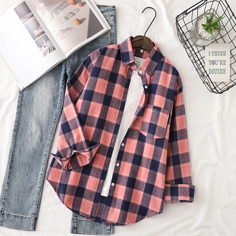 Quality Flannel Women\'s Plaid Shirt 2024 Autumn New Ladies Casual Loose Long Sleeve Blouses and Tops Female Checkered Clothes