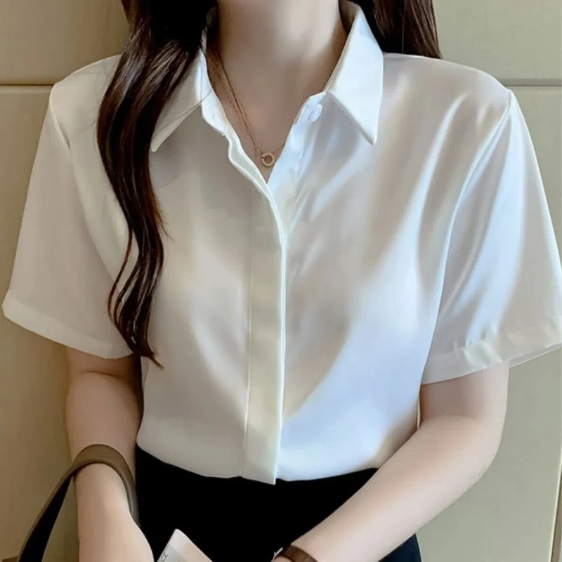 Short Sleeve White Shirt for Women Summer New Polo Neck Solid Color Loose Simplicity Basic Office Blouse Casual Fashion Clothing