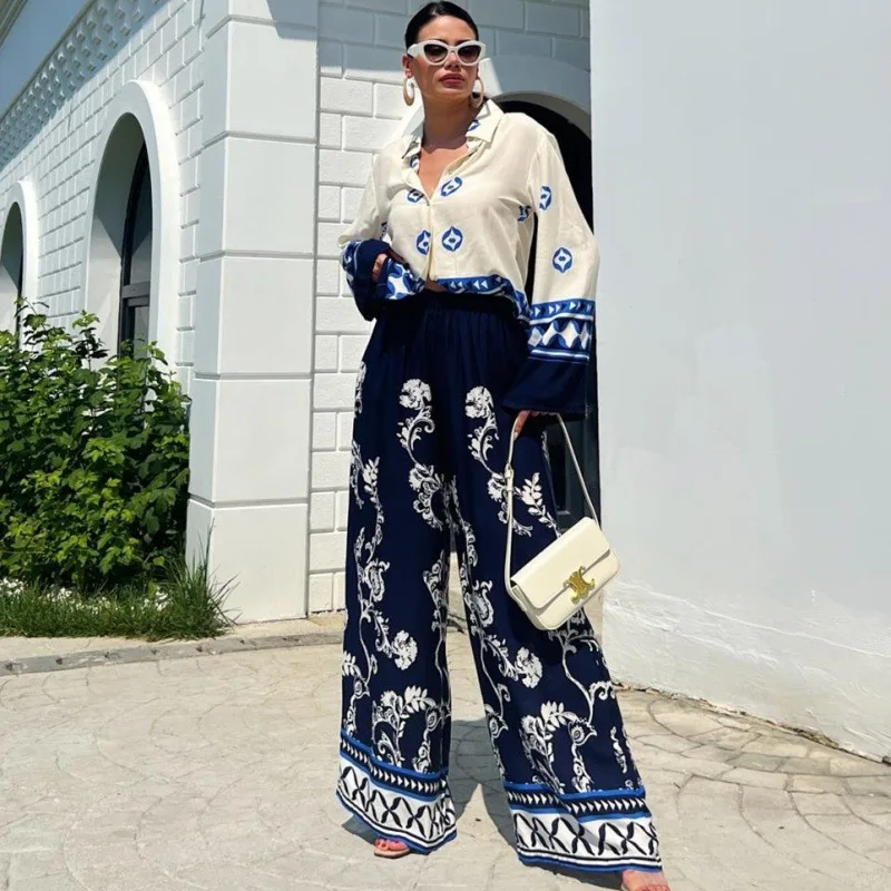 Plus Size Woman Clothes Outfits Turn Down Collar Printed Shirt and Solid Wide Leg Pants Set Fashion Women Set Elegant Tracksuit