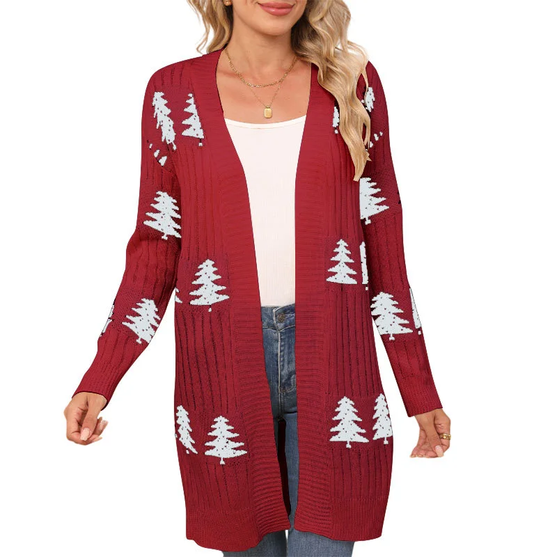 

Autumn Winter Loose Long Cardigan Women's Open Front Knit Sweater Holiday Themed Outerwear