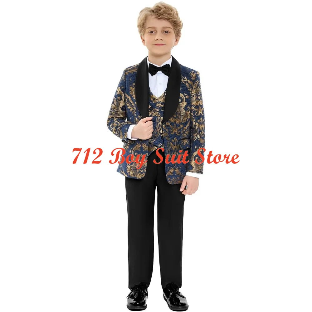 Traje Jacquard dorado para niños, conjunto de 3 piezas para boda, chaqueta ajustada, pantalones, chaleco, esmoquin, trajes formales