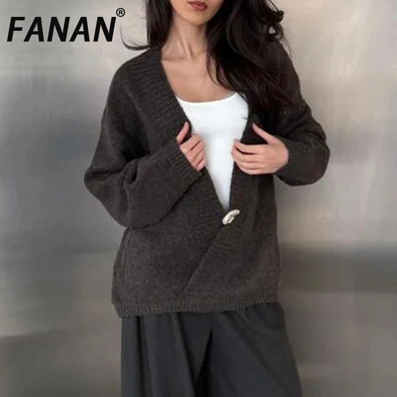 

FANAN офисный женский пуловер с v-образным вырезом, свитер, женские свободные куртки с одной пуговицей, вязаные топы, модная одежда, новинка зимы