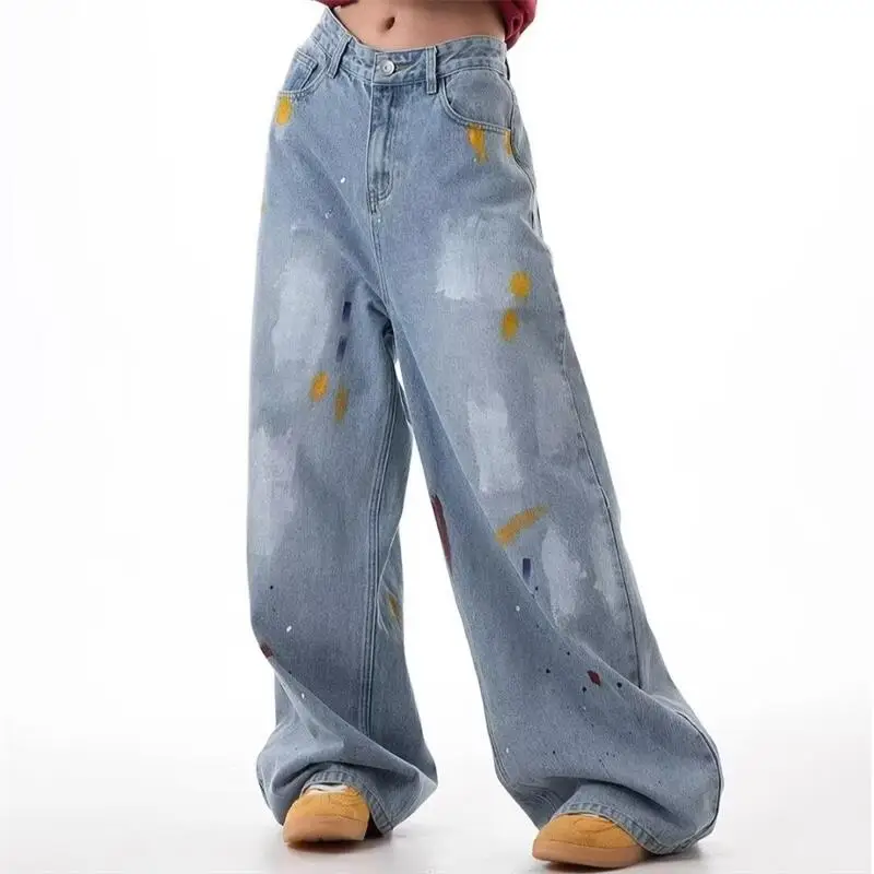 

Мужские повседневные джинсы с росписью граффити в стиле ретро - универсальные модные свободные винтажные потертые прямые широкие брюки длиной до пола.