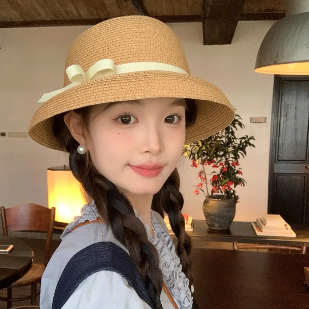 

Ins French Bow Straw Cap Beach Hepburn Weaving Cap Vacation Summer Visor Basin Cap Ladies