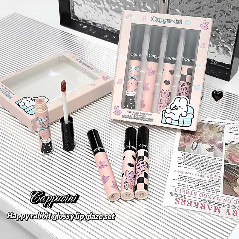 Czterokolorowy zestaw błyszczyków do ust Happy Rabbit Water Gloss Lekka i gładka konsystencja Nawilżająca, łatwa do pokolorowania pomadka do ust