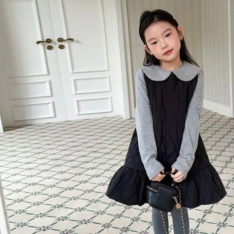 

2026 New Arrival Girls Quilted Winter Dress Warm Princess Sleeveless Dress with Mermaid Lace Hem Cute Playful Kids Outfit