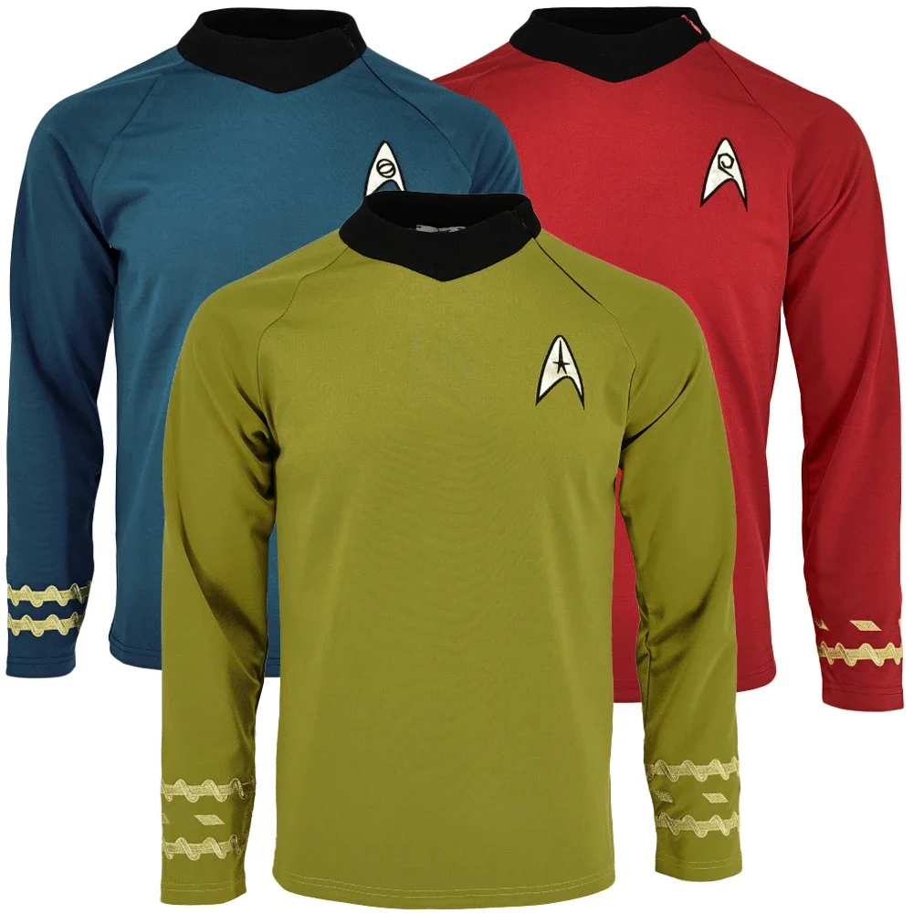 Camisetas doradas del Capitán Kirk para hombre, uniformes azules, insignia de la flota estelar roja, abrigo para fiesta de Halloween