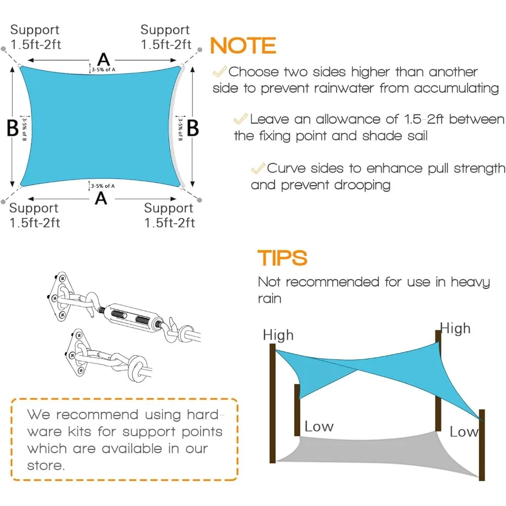 Turquoise Blue Sun Shade Sail UV Block Commercial Rectangle Outdoor Covering for Backyard, Pergola 20'x26'