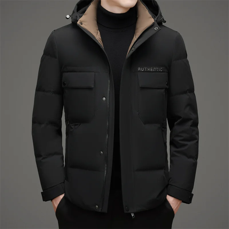 Winter Men Hooded Puffer Parkas Black Beige Khaki White Duck Down Basic Coat Hood Detachable Design Outerwear Thermal Jackets