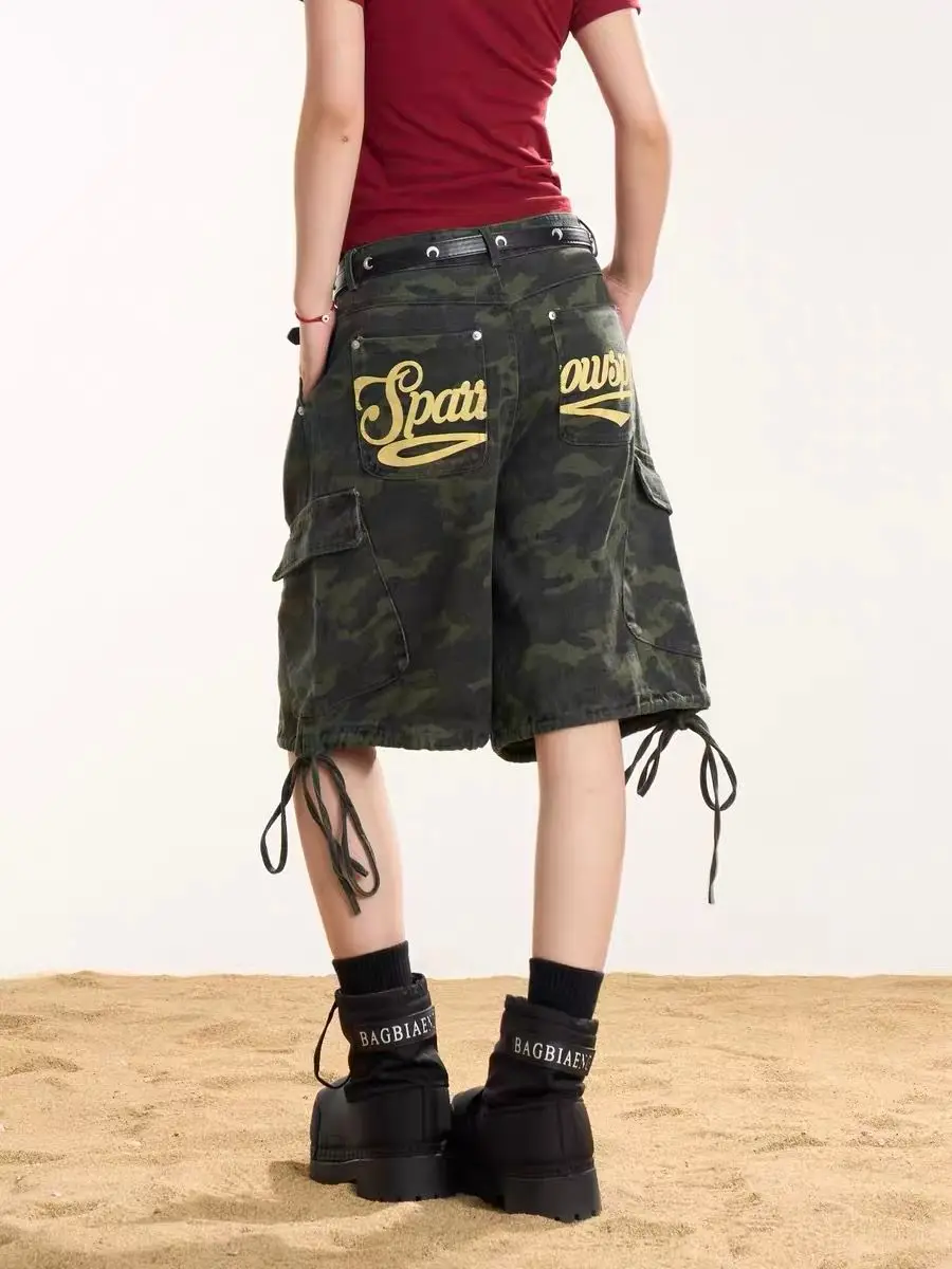 Y2K American Retro Workwear Camouflage Cropped Pants Women Summer Loose Wide Leg Drawstring Versatile Casual Shorts