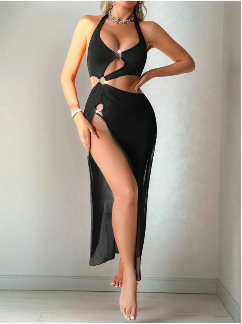 Sexy women's nightgown, swimsuit without back exposure, pure color sexy bikini suit, women's slit long dress.