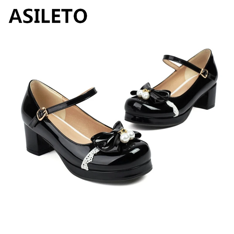 ASILETO 2024 Sweet Women Pumps Round Toe 5cm Thick Square Heel Patent Leather Buckle Bow Pearls Big Size 33 43 44 45 46 47 48