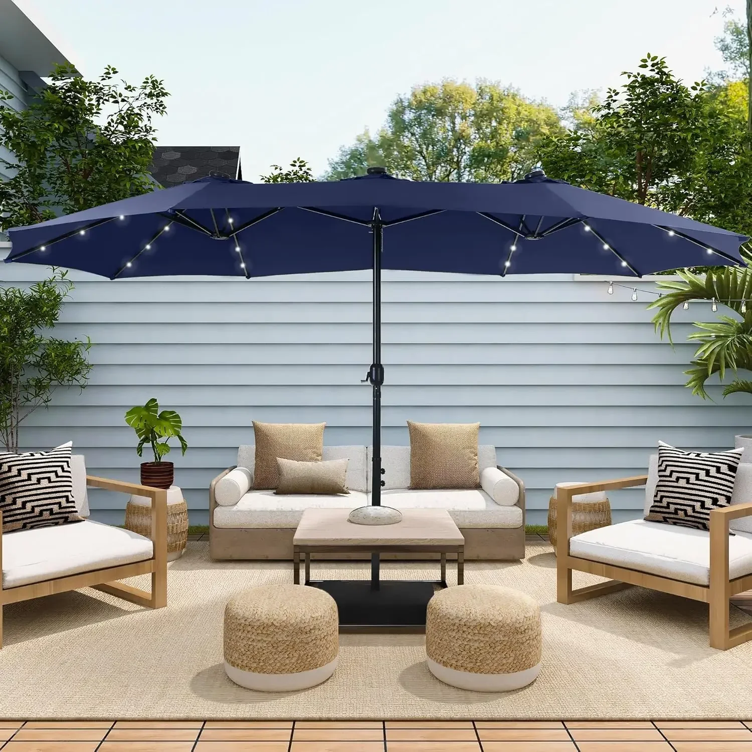 15 ft Extra Large Patio Umbrella with Solar Lights, Rectangular Outdoor Umbrella with Base Included