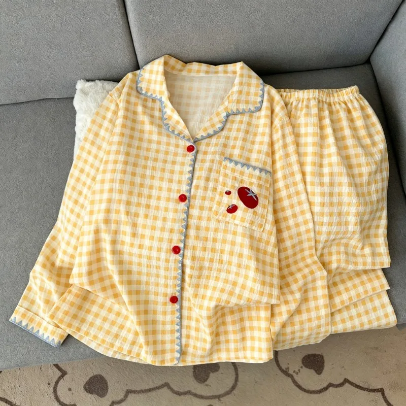 Korean Style Women Pajama Set Spring Fall Simple Print Pattern Lapel Collar Long Sleeve 2‑Piece Soft Ladies Home Sleep Outfit