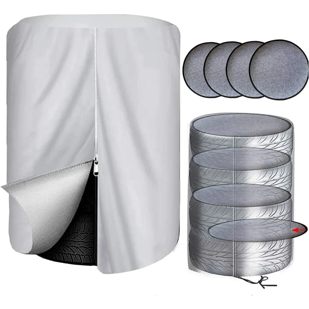 1PC 420D Oxford Tire Cover With 4 Pads Drawstring Dustproof Storage Bag Featuring Zipper Closure For Enhanced Tire Protection