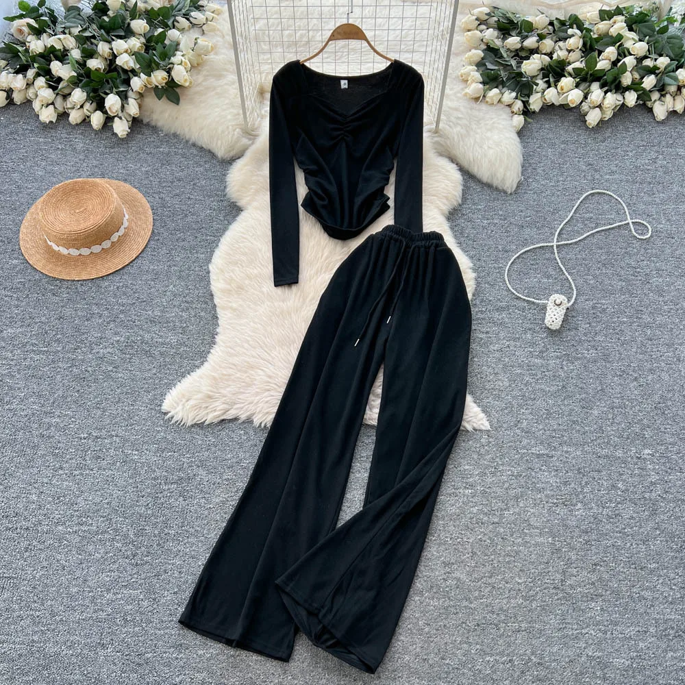 Due pezzi Set di pantaloni da donna Set coordinati solidi Colletto quadrato Flods Top Pantaloni a gamba larga a vita alta Allentati Casual 2025 Autunno Inverno