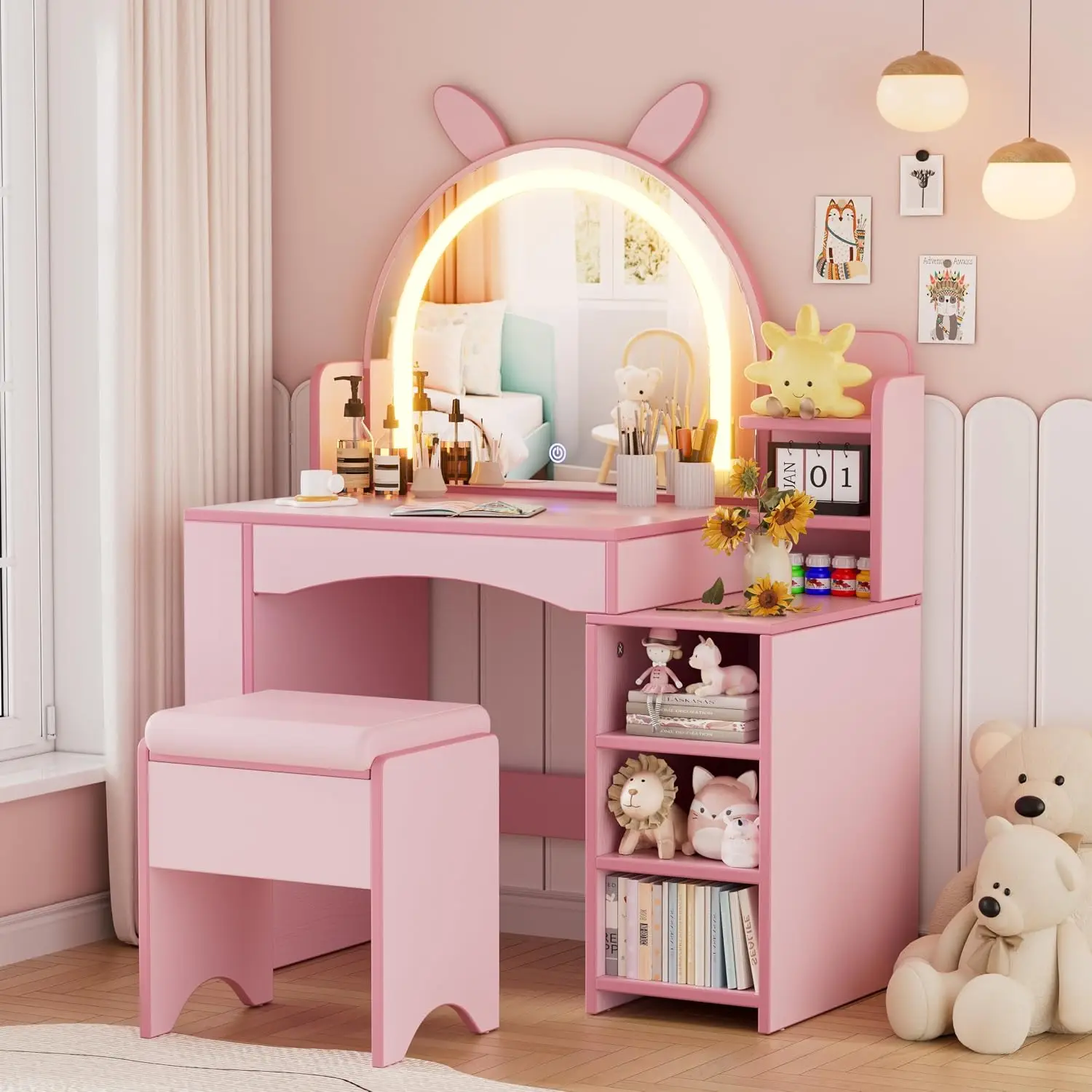 Kids Vanity, Little Girl Vanity with Lights and Storage Shelves, 2 in 1 Toddler Vanity with Mirror and Stool, Kids, Customized