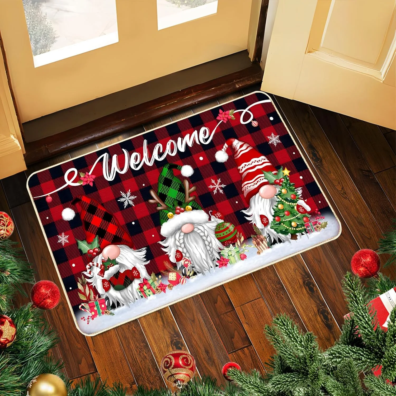 

Christmas Gnome Door Mat Plaid Pattern Welcome Rug Festive Home Decor Mat Waterproof Non Slip Floor Protector for Xmas Entrance