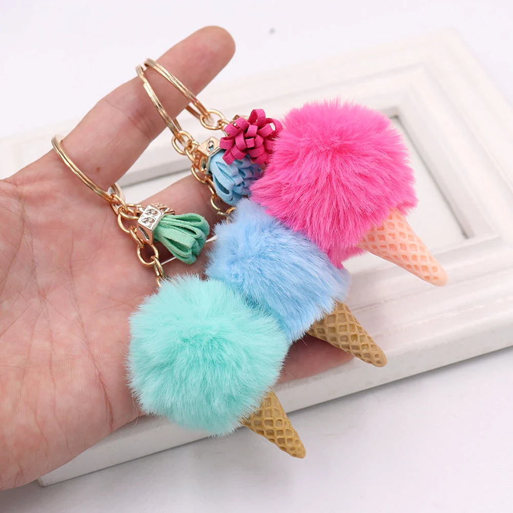 Creative Ice Cream Pendant Keychain Cute Fluffy Pom Pom Plush Keyring For Women Girls Wallet Handbag Ornament Decoration Gifts