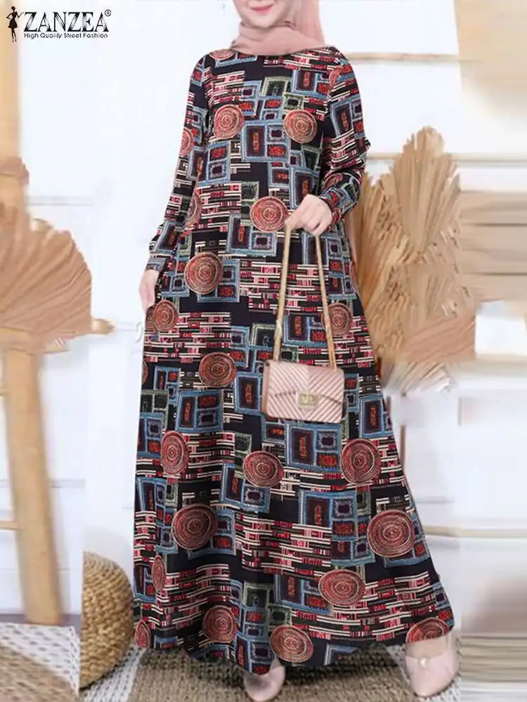 

Women Vintage Long Sleeve Abaya Sundress ZANZEA Muslim Autumn Bohemian Floral Printed Maxi Dress Islamic Clothing Robe Femme