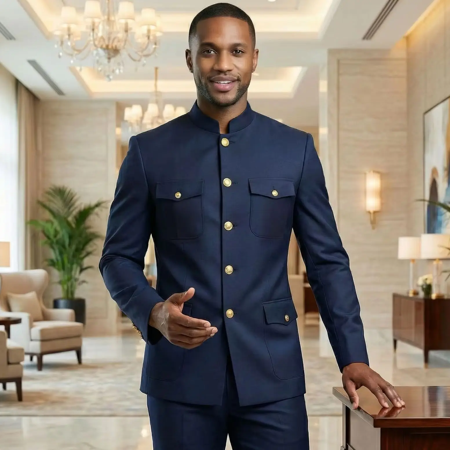 Men's Customizable Four-Pocket Single-Breasted Suit, Stand Collar, Formal Leisure Clothing, Fashionable 2-Piece