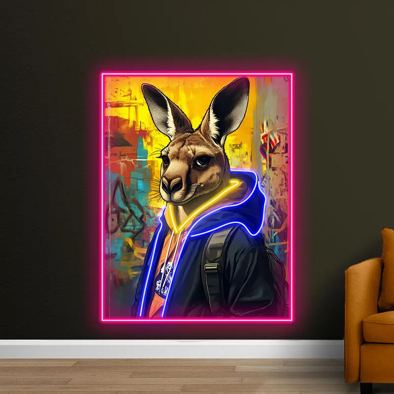 Toysign Street Style Kangaroo Neon Light - Urban LED Wall Art for Teen Room, Game Room & Man Cave, Unique Room Decor, Pink Frame