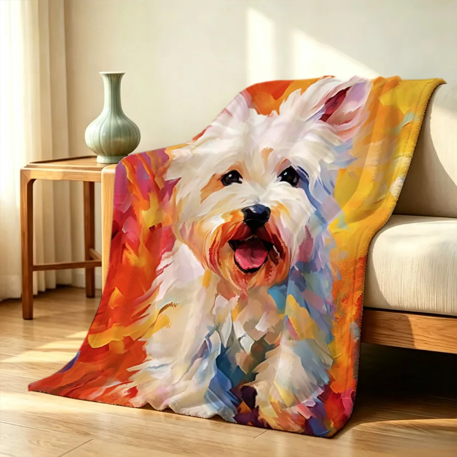 Adorable Color Oil Painting West Highland White Terrier Printing Flannel Throw Blanket, 2D Single-Sided Printed Holiday Blanket