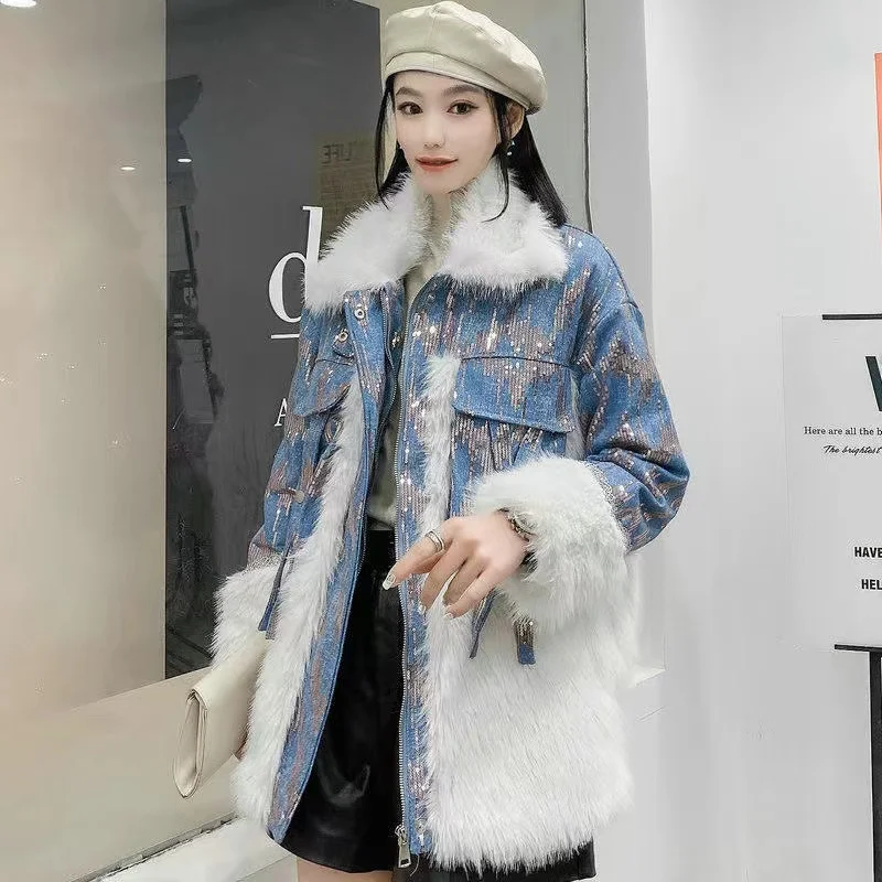 Lapel Imitation Fur Patchwork Denim Jacket 2024 Winter New Casual Loose Fashionable Warm All-Matching Faux Fur Coat Women