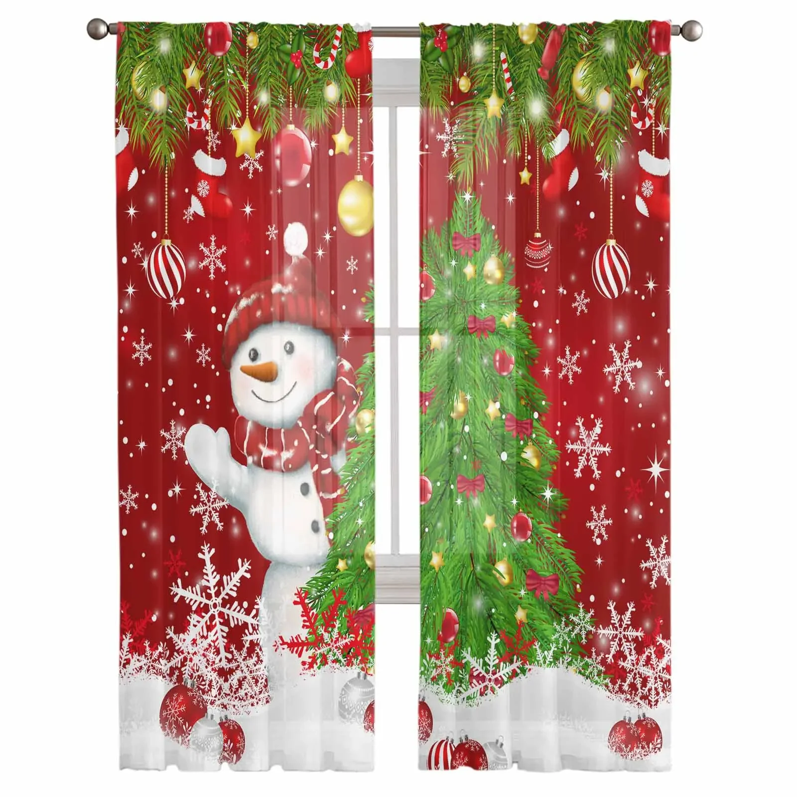 Christmas Snowman Pine Branch Socks Candy Sheer Curtains Bedroom Living Room Decoration Kitchen Tulle Voile Window Curtain