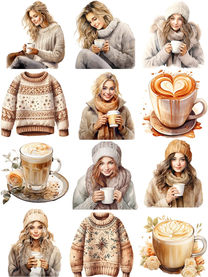 12Pcs/Pack Warm Coffee Girl Sticker DIY Craft Scrapbooking Album Junk Journal Decorative Stickers