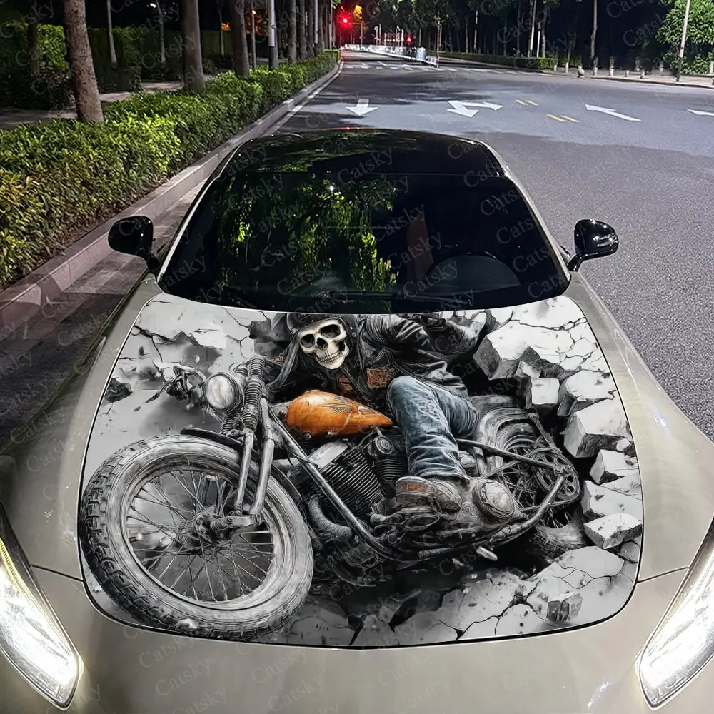 Autocollant de capot de voiture à motif de moto et de squelette rétro, Film de carrosserie auto-adhésif imperméable en PVC résistant à l'usure, camion et berline S