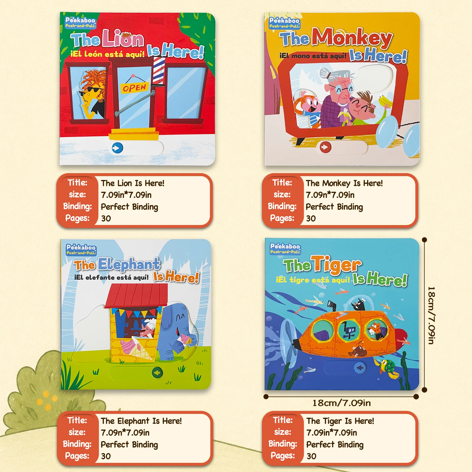 Children's pop-up activity book, featuring 4 themes with elephants, tigers, lions, and monkeys, an early learning interactive