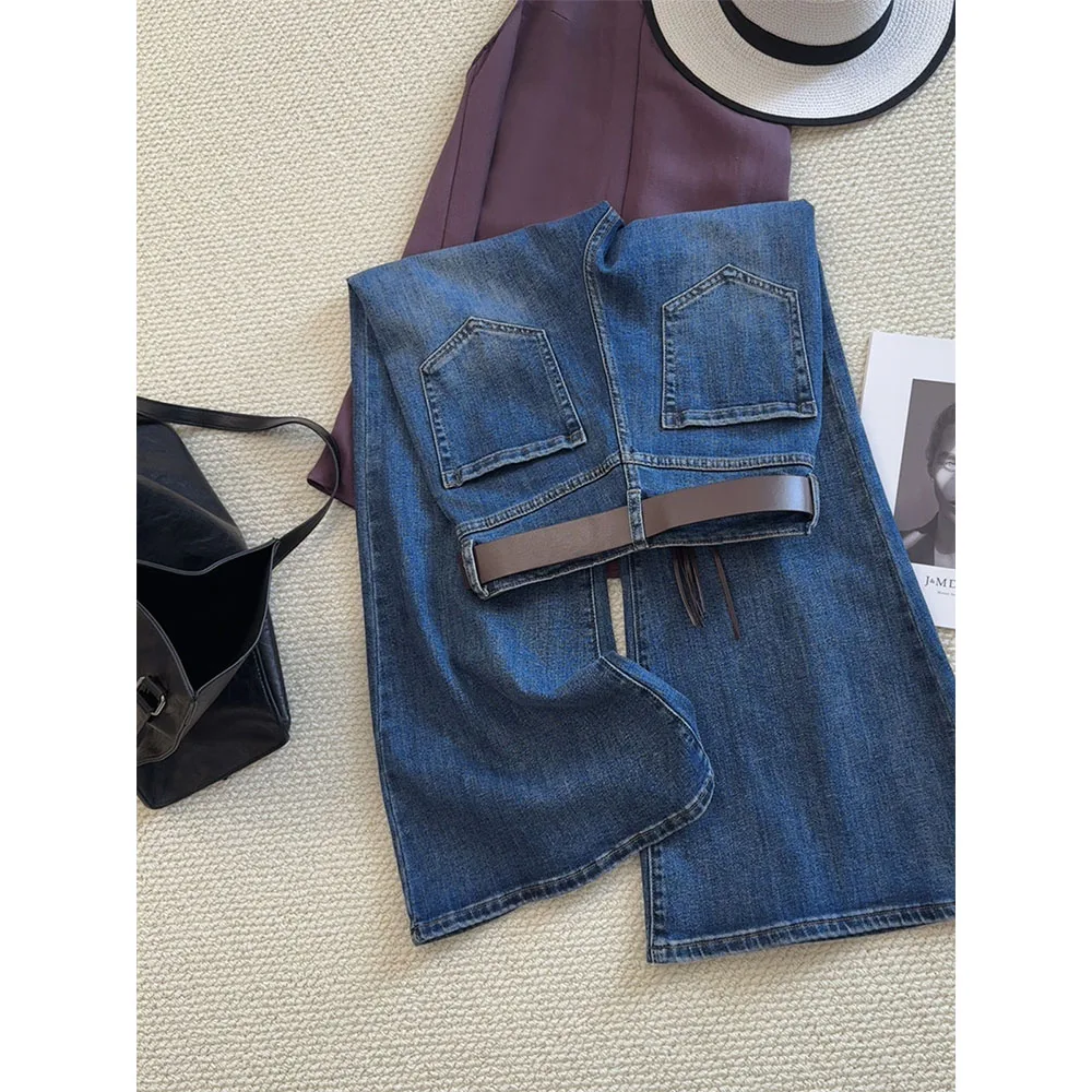 Dames diepblauwe denim broek hoge taille zachte vrije tijd flare jeans met kwastje riem vrouwelijke mode lente zomer broek