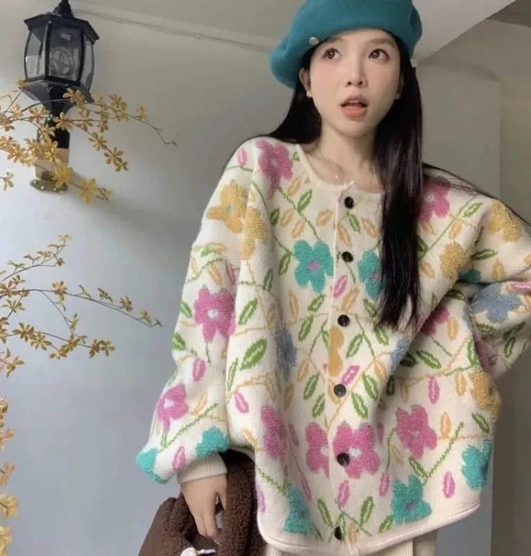 

New Autumn Winter Cardigan Women Oversized Cozy Lazy Knit Sweater Floral Loose Coat Fashion