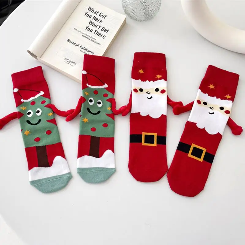 1Pair Cute Christmas Socks Elastic Magnetic Hand Socks Comfortable Cotton Mid-calf Socks Holiday Gift For Men Women