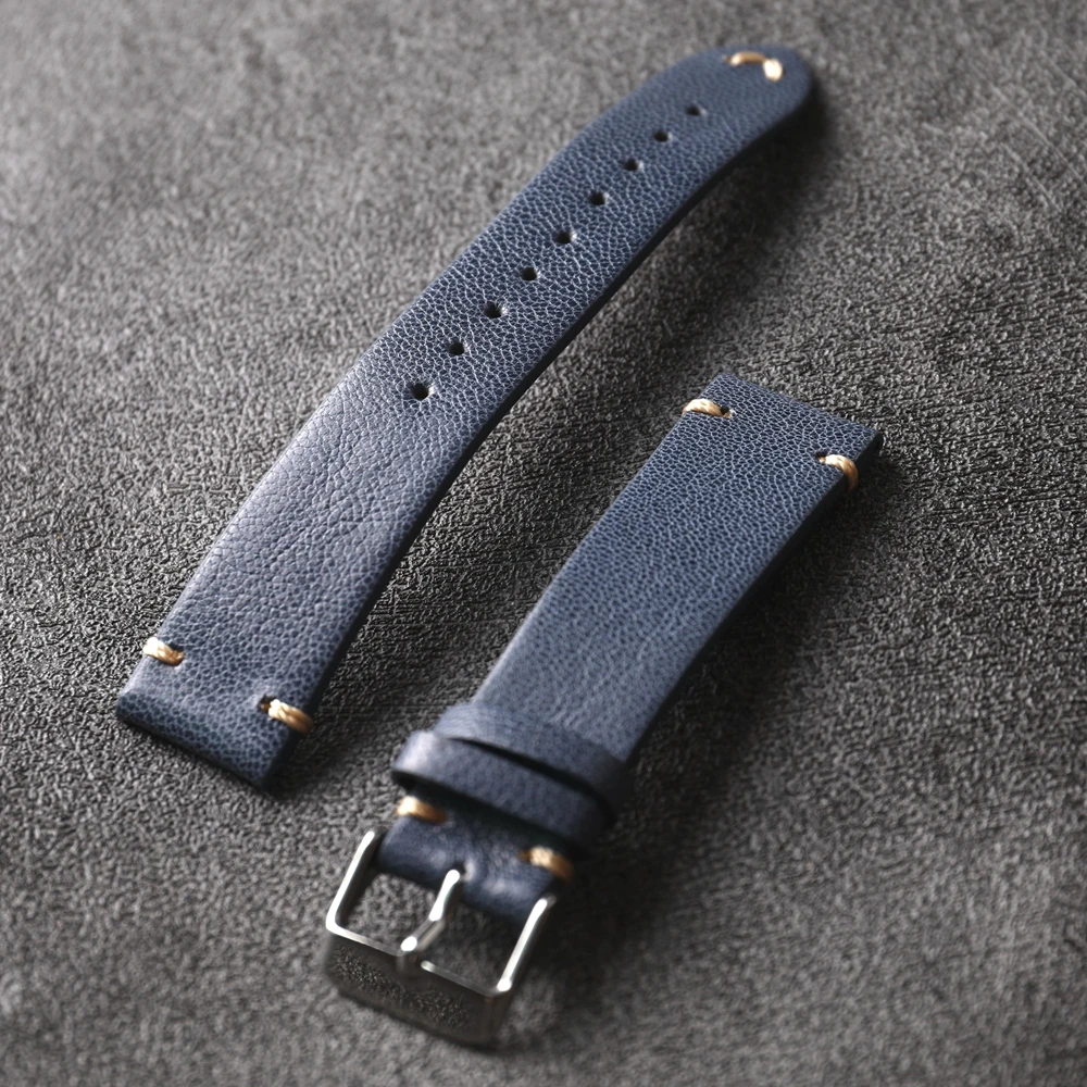 French Goatskin Strap, Handmade Blue Leather 20MM, Soft Style, Fine Leather Vintage Style Bracelet, Suitable For Antique Watches