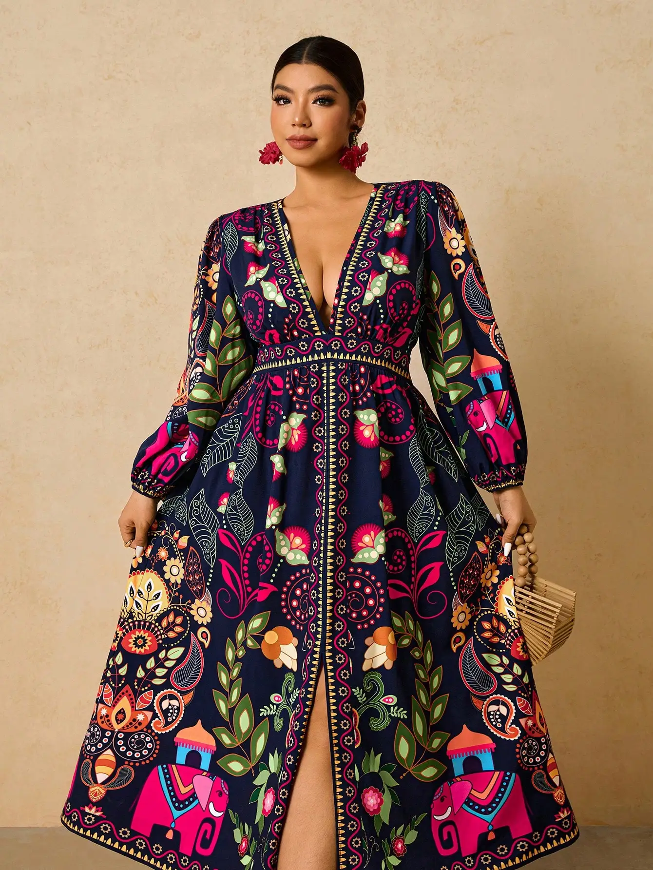 

Plus Size Bohemian Print Long Sleeve V-Neck Maxi Dress with Elephant Motif