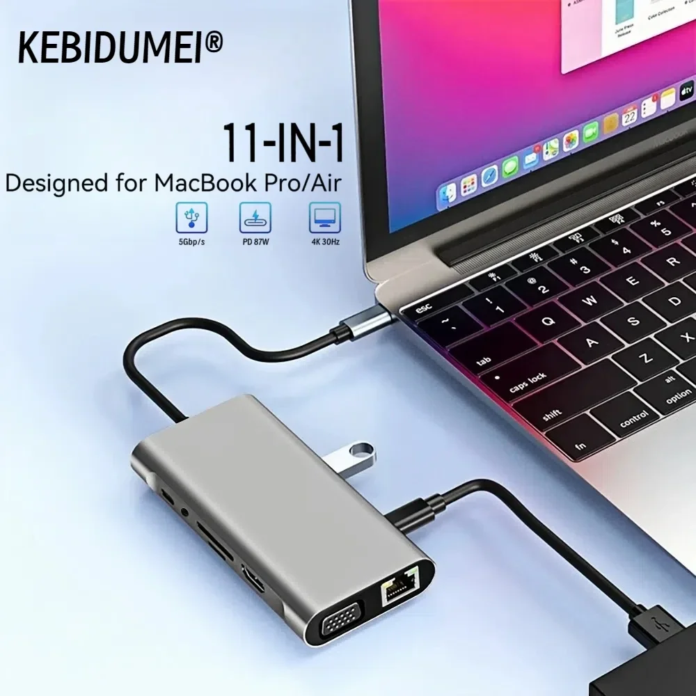 USB C HUB 11-in-1 USB C محول دونغل مع 4K HDMI/VGA/Type C PD/RJ45/ SD/TF قارئ بطاقات لجهاز MacBook Pro/Air M1 iPad
