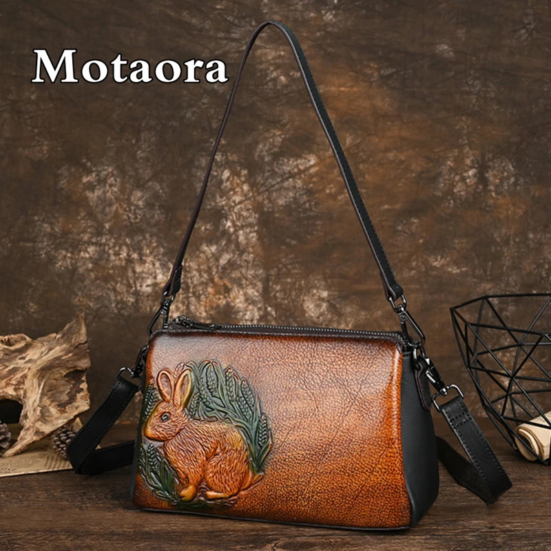 MOTORA New Genuine Leather Women Shoulder Bags Retro Rabbit Embossed Handbag ladies small Cowhide Handmade crossbody bag